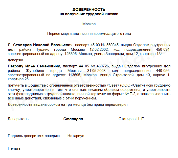 Проект безотзывной доверенности